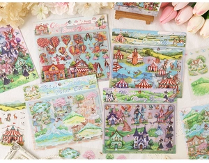 Detailopname van 3D-scrapbookingstickers in vier dromerige sprookjesthema's