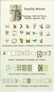Detailed flat lay of nature-themed scrapbooking kit including stickers and paper materials