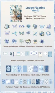 Macro view of vintage blue floral paper and sticker set for scrapbooking and DIY collage