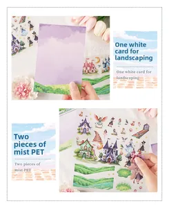 Macro-opname van PET-fantasie-stickers met kastelen voor doe-het-zelf plakboekdecoratie