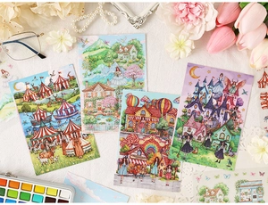 Artistieke lay-out van 3D miniatuur stickers met circus- en kasteelscènes in kleur