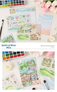 Detail van Blue Mist Elf scrapbookstickers met aquarellen en huizen op witte stof