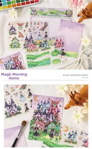 Detailweergave van Magic Morning Home PET-stickers met toverkasteel en fantasy-thema