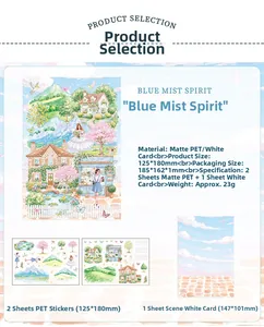 Detailoverzicht van Blue Mist Elf stickers met mat PET-materiaal en afmetingen
