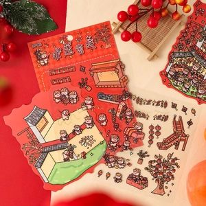 3PCS traditional Chinese style 3D PET stickers featuring cute cow and festive motifs