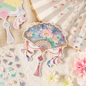 3D Chinese style lotus fan stickers with floral elements for DIY scrapbooking decoration