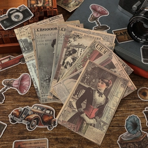 Vintage aesthetic paper stickers featuring Victorian portraits and retro cameras for DIY scrapbooking