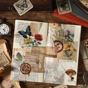 Vintage aesthetic scrapbook paper kit with floral patterns and retro ephemera designs