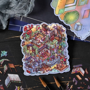 3D isometric stickers with ancient folk spirits and traditional building scenes