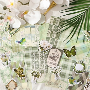 Retro forest green scrapbook DIY sticker set featuring butterflies and floral patterns
