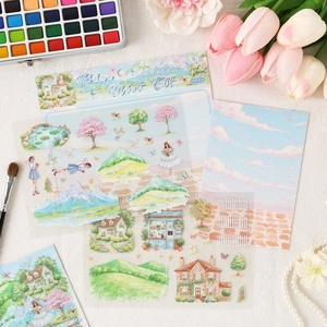 3D-aquarelstickers met Europees huis, kersenbloesem en blauwe mist-elf-thema