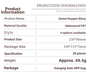 Detailed specification list for Sweet Oxygen Diary waterproof PET stickers with gold foil