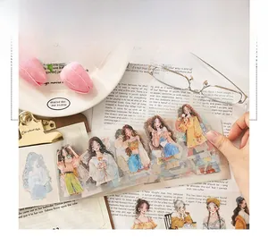 Detail of vintage PET scrapbook stickers book with 20 pages of anime character portraits