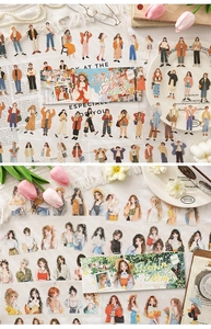 Detailed view of fashionable character stickers for scrapbooking and creative diaries