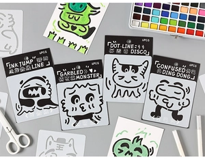 Detail of 6-pack flexible plastic cartoon monster drawing stencils for DIY art projects