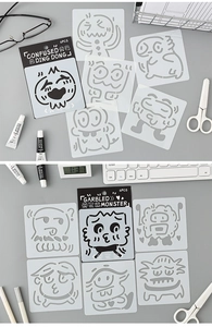 Detail of 6-piece PET cartoon monster drawing templates for DIY journals and art projects