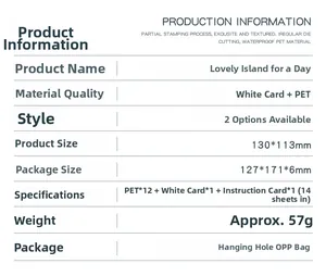 Detailed spec sheet showing PET and cardstock materials for the Day of Kauai sticker set
