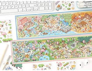 Close-up of 3D miniature scene stickers with cute cartoon animals and park themes