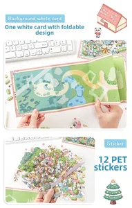Macro detail of DIY miniature scene stickers with PET cartoon motifs and a white background card