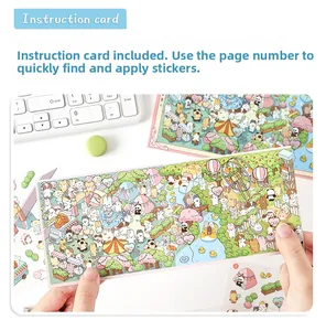 Detailed instruction card for 3D cartoon stickers featuring cute animal theme and page guides