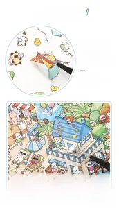 Detail of 3D miniature scene stickers showing die-cut cat, dog and tent designs