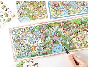 Detail of 3D miniature theme park sticker book with colorful cartoon landscape scenes