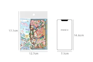 Size comparison showing 400+ 3D cartoon stickers for DIY journaling beside a smartphone