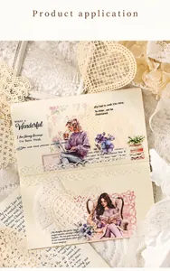 Macro detail of vintage hollow lace paper and floral stickers for DIY journaling