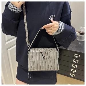 Detailed close-up of grey crocodile pattern texture and silver V-buckle on a handbag