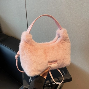 Women Trendy Faux Fur Handbag Large Capacity Plush Shoulder Bag Love Every Day Lettering PU Strap Crossbody Bag