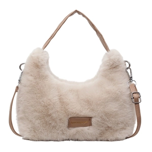 Beige plush crescent handbag with leather handles and love every day embroidery