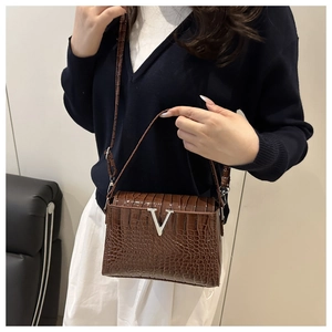 Close-up of the brown crocodile texture and silver V-shaped buckle on the vintage handbag