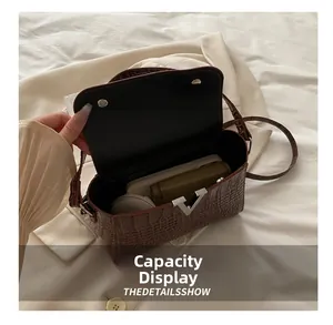 Detail showing internal capacity of brown croc-embossed leather handbag with V-shaped clasp