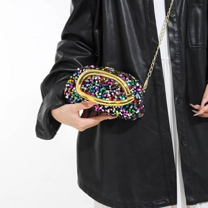 Sparkly sequins evening clutch with gold horseshoe handle and chain strap for women