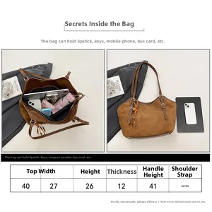 Detailed sizing chart and capacity guide for large brown vintage suede tote bag