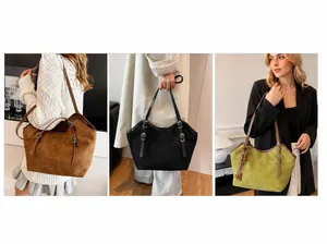 Three-color view of vintage leather tote bags showing brown, black and avocado green colors