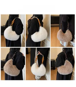 Detailed views of vintage plush handbag with beaded wooden handle and fluffy faux fur texture