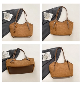 Detailed views of a brown suede tote bag with leather straps and wooden bead tassel