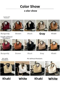 Matrix display of diamond lattice bucket bags in suede and PU leather with various colors