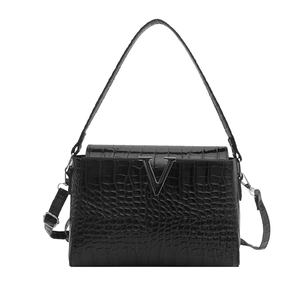Classic black crocodile pattern handbag with silver V-shaped buckle and crossbody strap