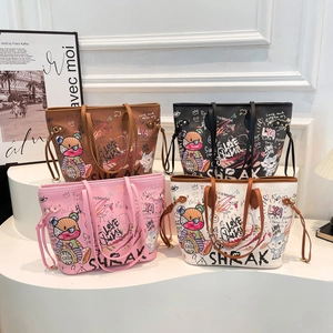 Graffiti Printed PU Leather Tote Bag Large Capacity Cartoon Bear Streetwear Shoulder Bag For Women Casual Daily