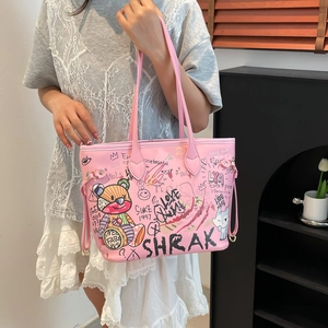 Pink graffiti tote bag with cartoon teddy bears and street art slogans for women