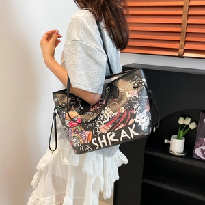 Large black tote bag with colorful graffiti and cartoon prints on PU leather material