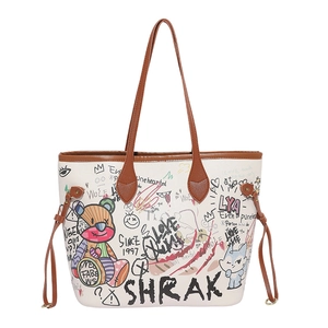 Graffiti tote bag with colorful cartoon bear and cat prints on cream faux leather