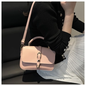 Model wearing a pink crossbody bag with a gold horseshoe buckle on a dark background