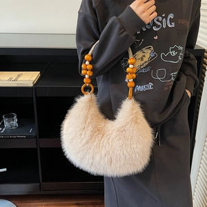 Retro cream faux fur crescent handbag with vibrant orange beaded wooden strap handles