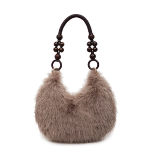 Plush faux fur shoulder bag in mocha brown with vintage beaded handle for winter fashion