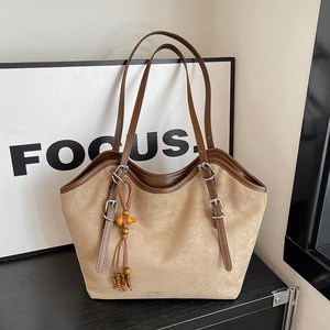 Large Capacity Vintage Suede Texture PU Leather Tote Bag For Women Retro Casual Commute Shoulder Bag With Tassel Pendant Adjustable Double Strap Handbag
