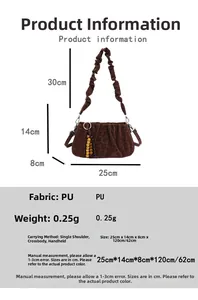 Detailed view of the leopard print pleat bag showing dimensions 25x14x8cm and bead strap