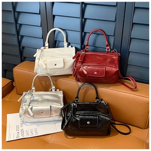 French retro high-capacity handbags in four colors shown with textured glossy leather